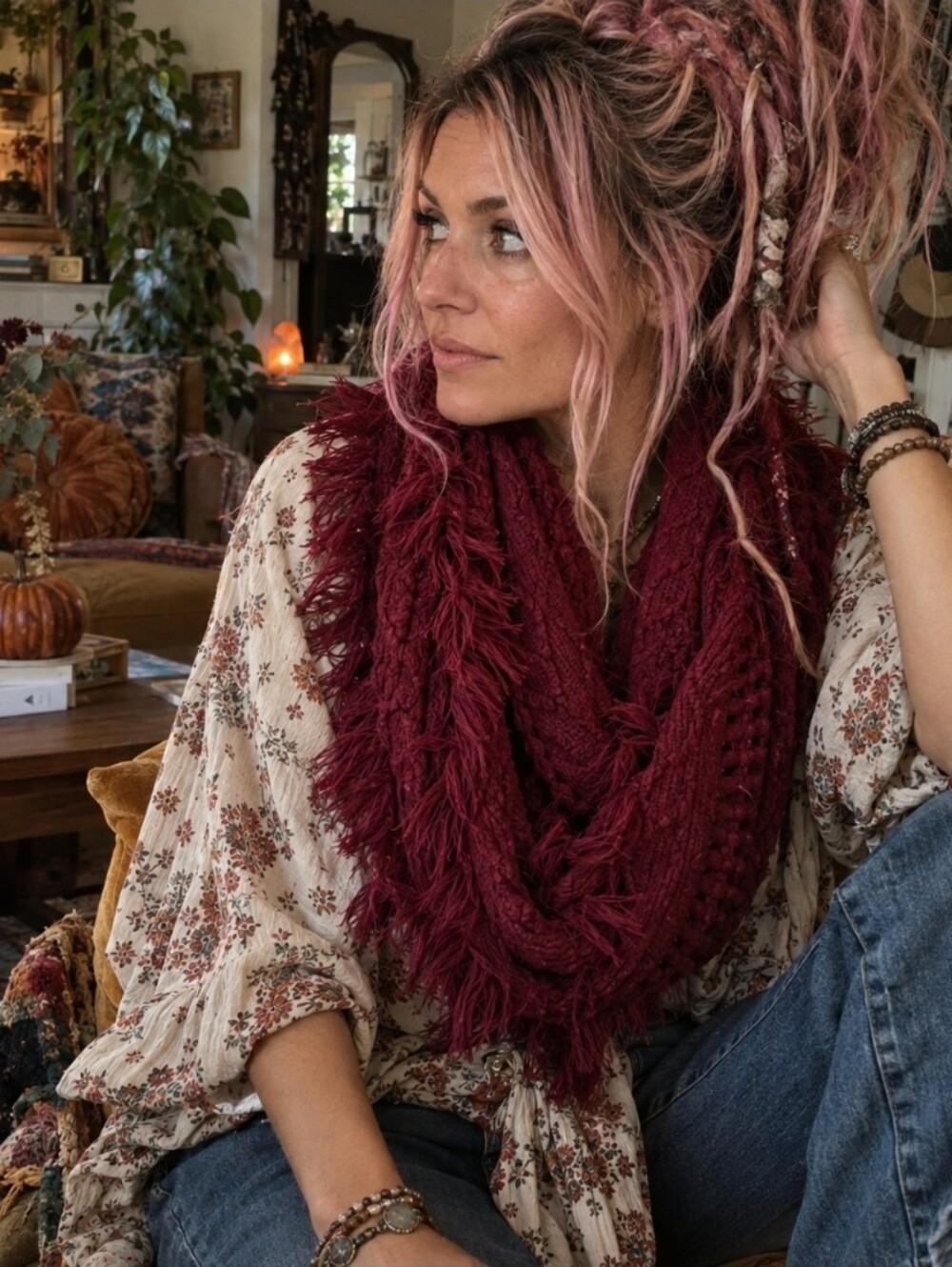 4/$15 Burgundy Infinity Scarf Fringe Chunky Knit Boho Cottagecore Dark Academia